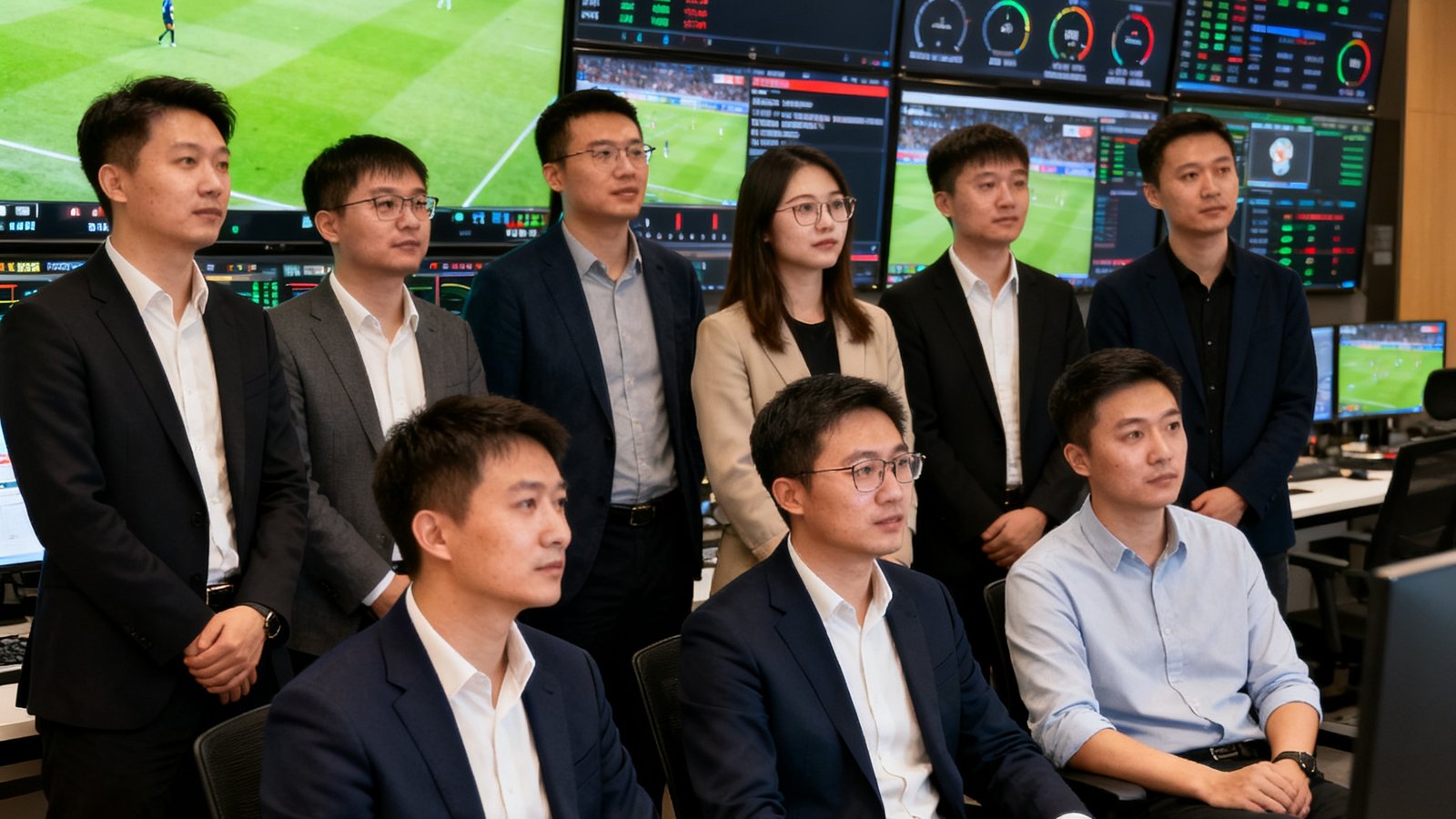 懂球直播核心团队在杭州办公室的合影，背景是满墙的赛事直播监控屏幕和实时数据仪表盘，团队成员正在专注工作