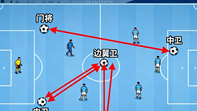 欧冠半决赛战术复盘文章配图，展示曼城队高位压迫战术下的球员站位示意图，红色箭头标注压迫方向和传球路线