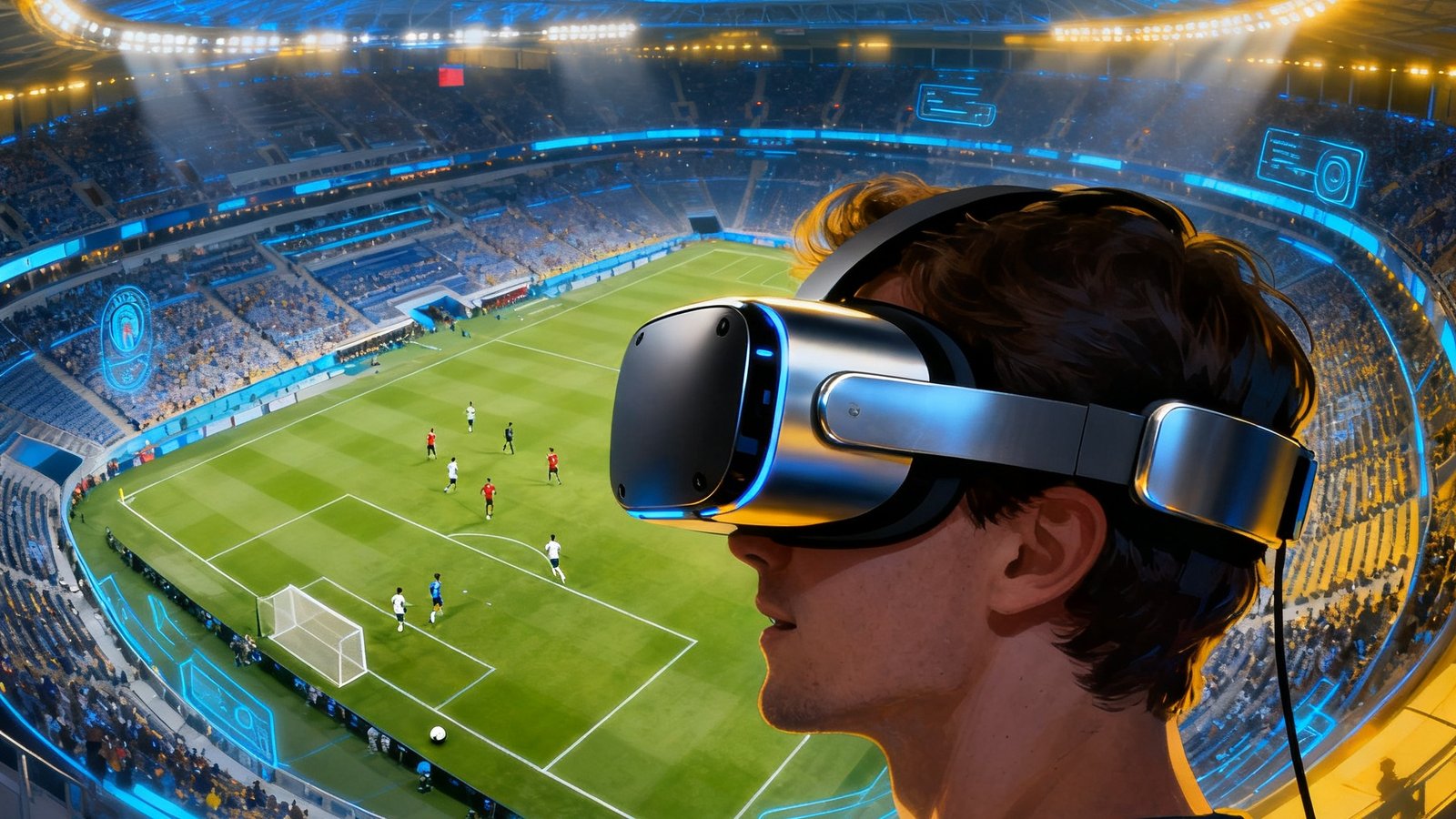 懂球直播VR沉浸式观赛功能发布，画面展示用户佩戴VR头显观看足球比赛，虚拟环境中呈现出360度环绕视角的体育场全景